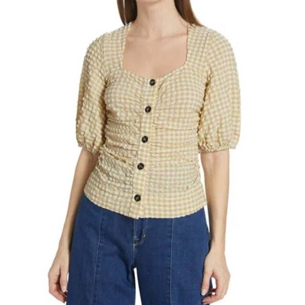 Gannie Ruched Gingham Searsucker Button Front Puff Sleeve Yellow Blouse 6